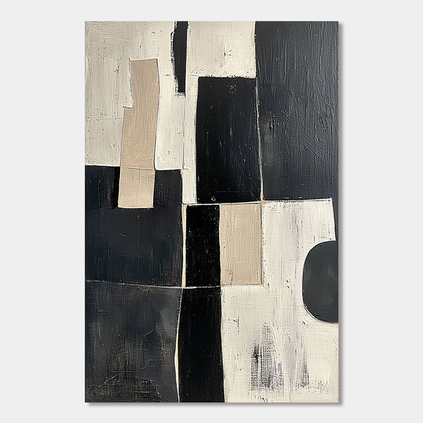 Minimalist black, white, and beige geometric painting of urban blocks.