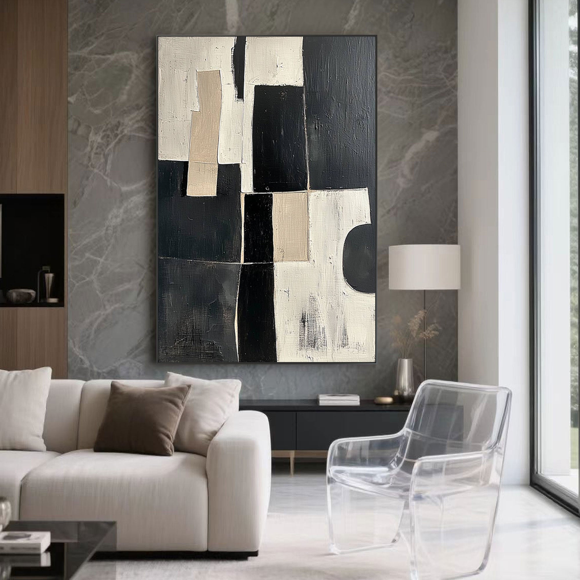 Urban Blocks hand-painted canvas artwork in a modern interior setting.