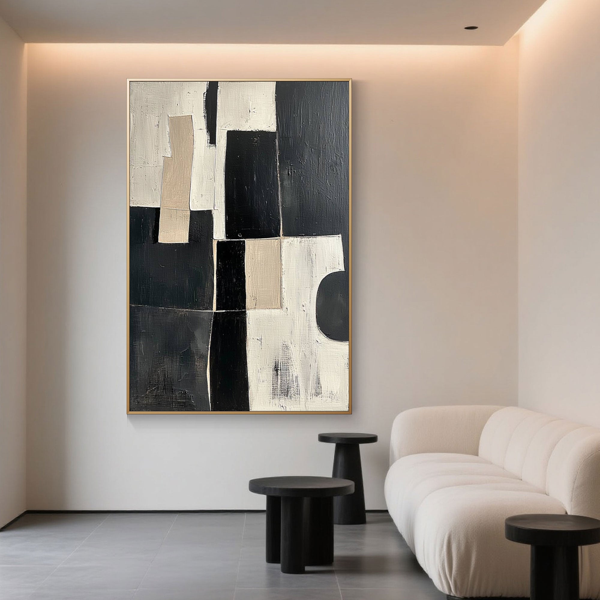 Geometric canvas art in a gold frame displayed in a minimalist space.