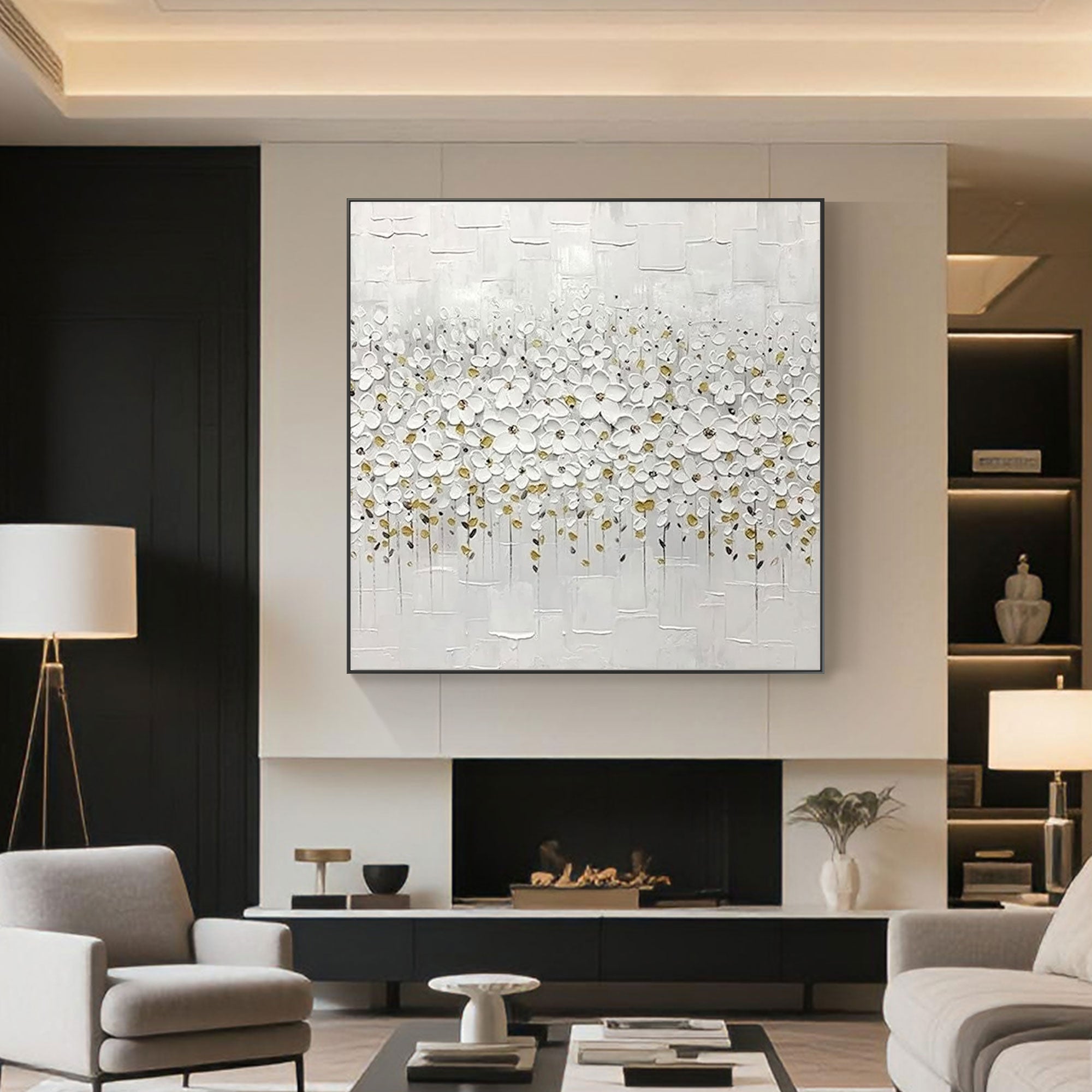 Minimalist white floral canvas art displayed in a modern living room setting.