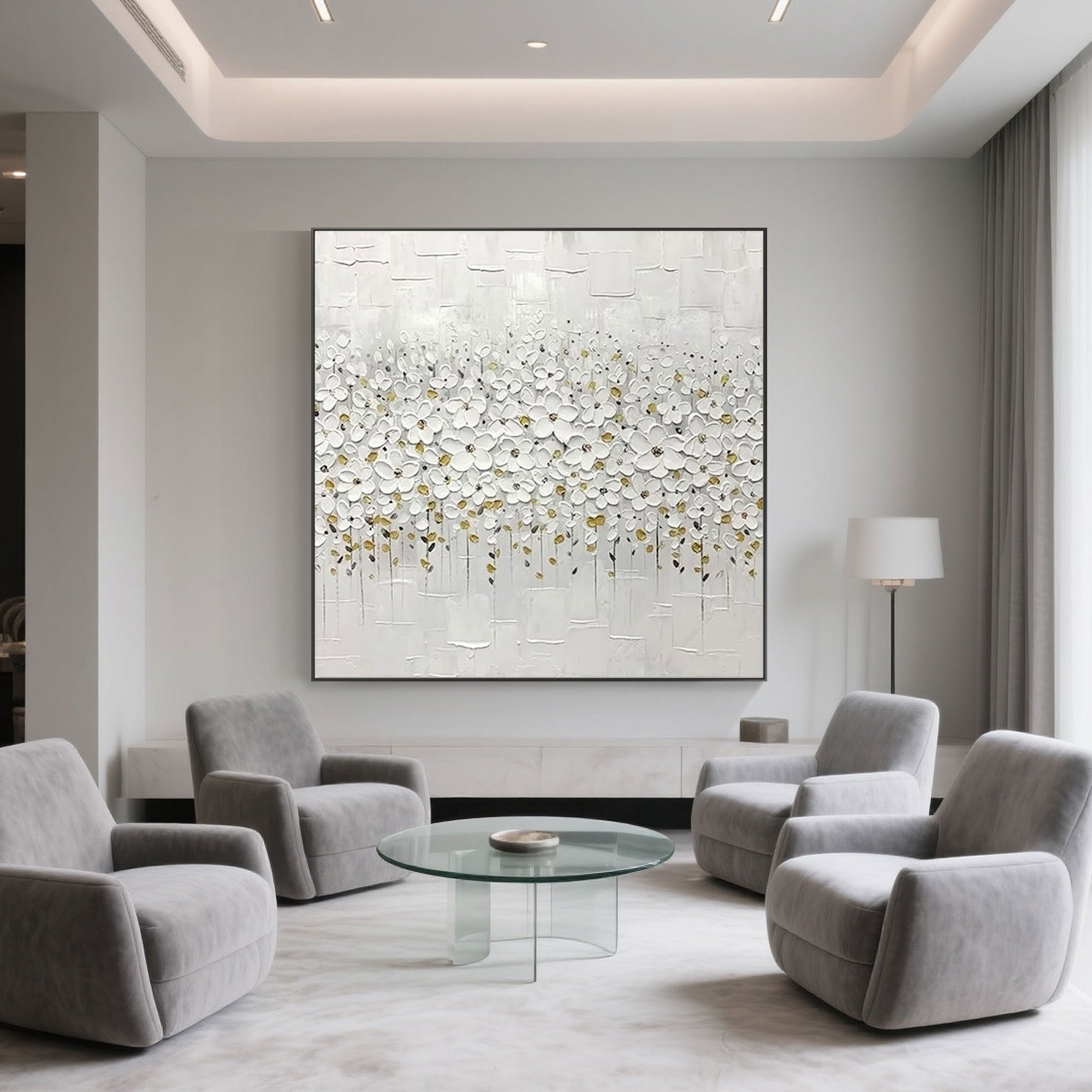 Hand-sculpted white blossom art with gold leaf on a square canvas.