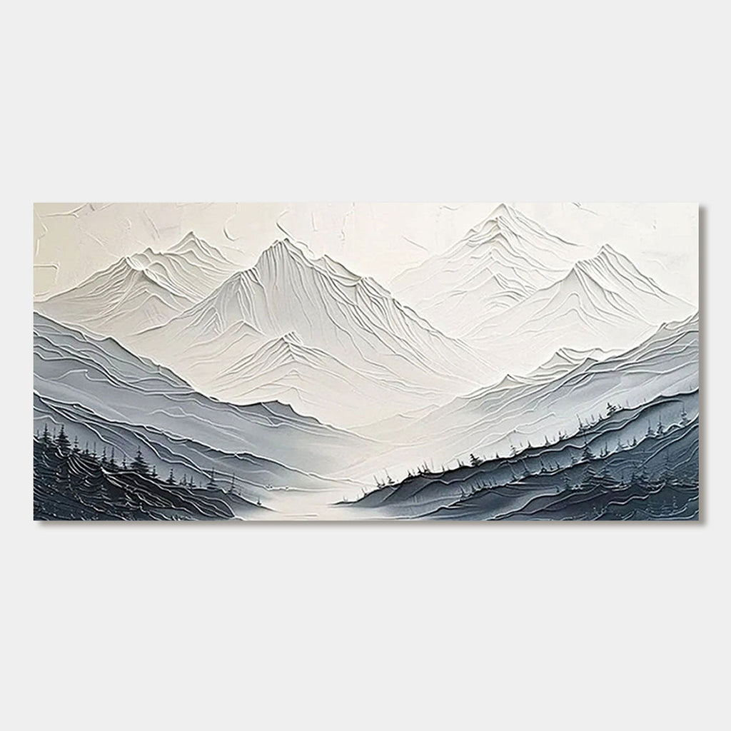 Minimalist mountain landscape canvas art in white, blue, and beige.