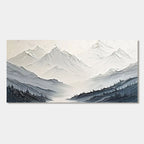 Minimalist mountain landscape canvas art in white, blue, and beige.