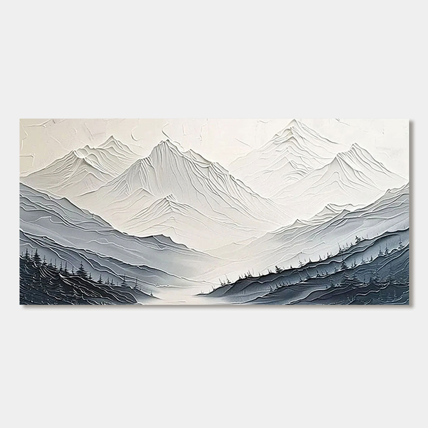 Minimalist mountain landscape canvas art in white, blue, and beige.