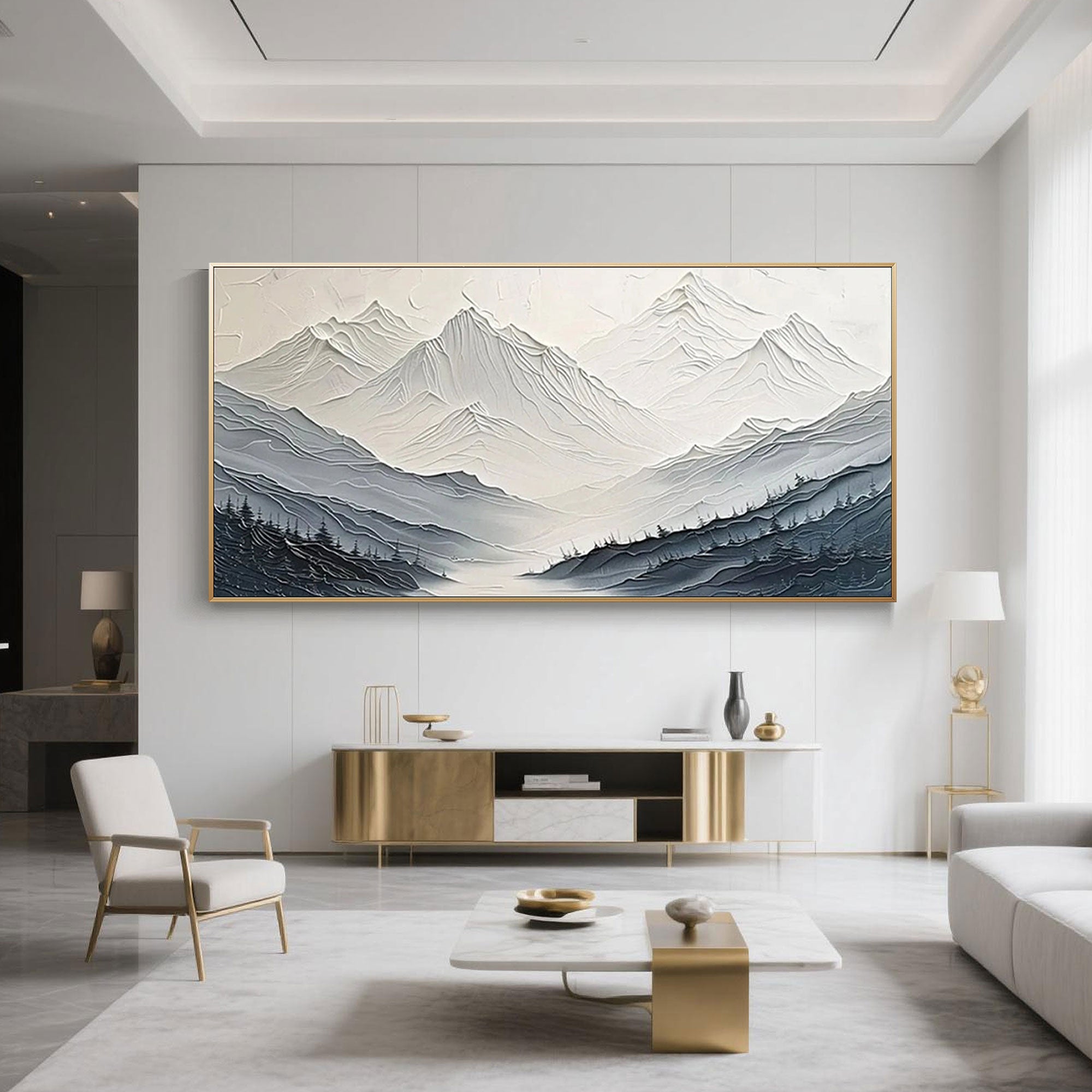 Misty valley canvas art with a gold frame above a console table.