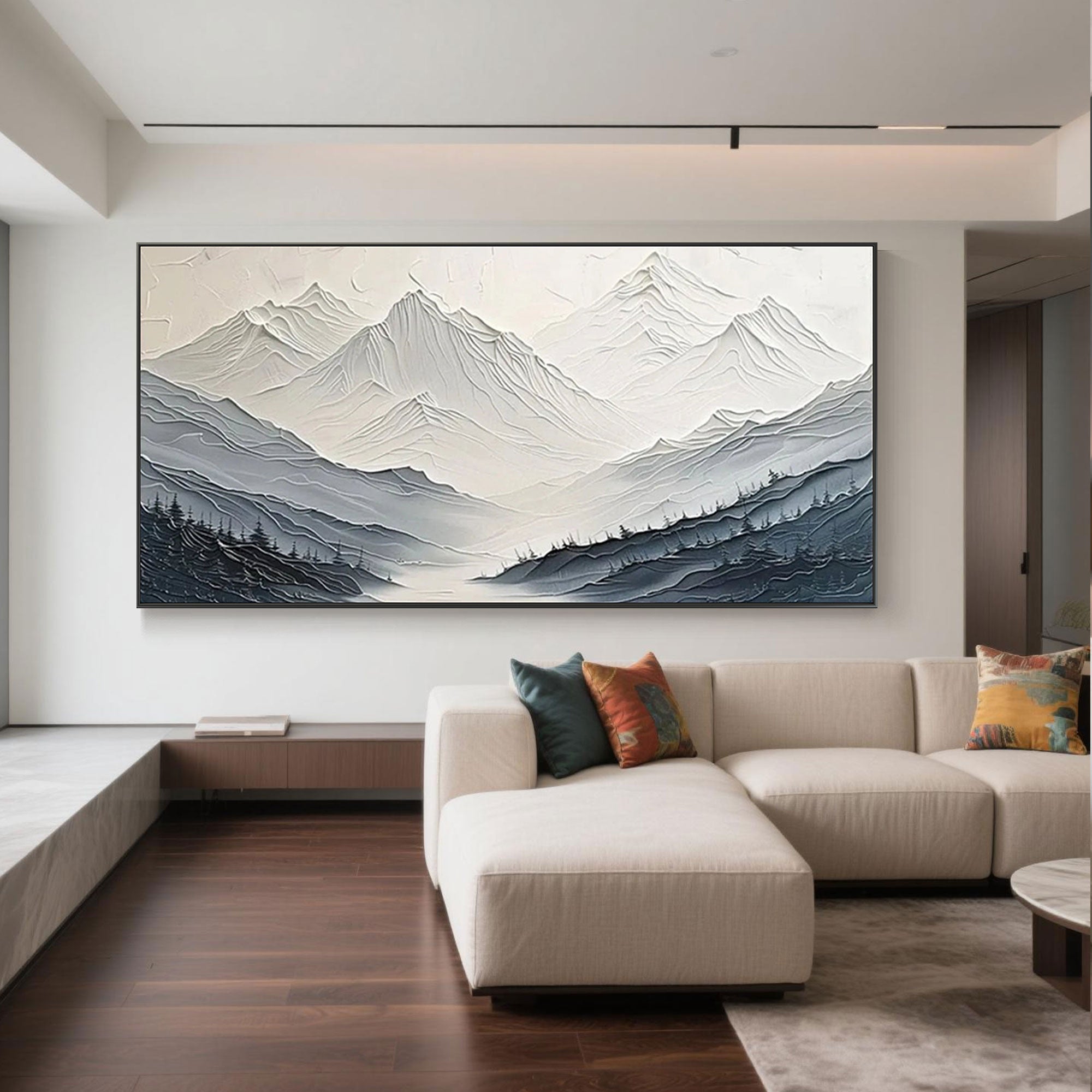 Misty Valley canvas art hung in a modern living room setting.