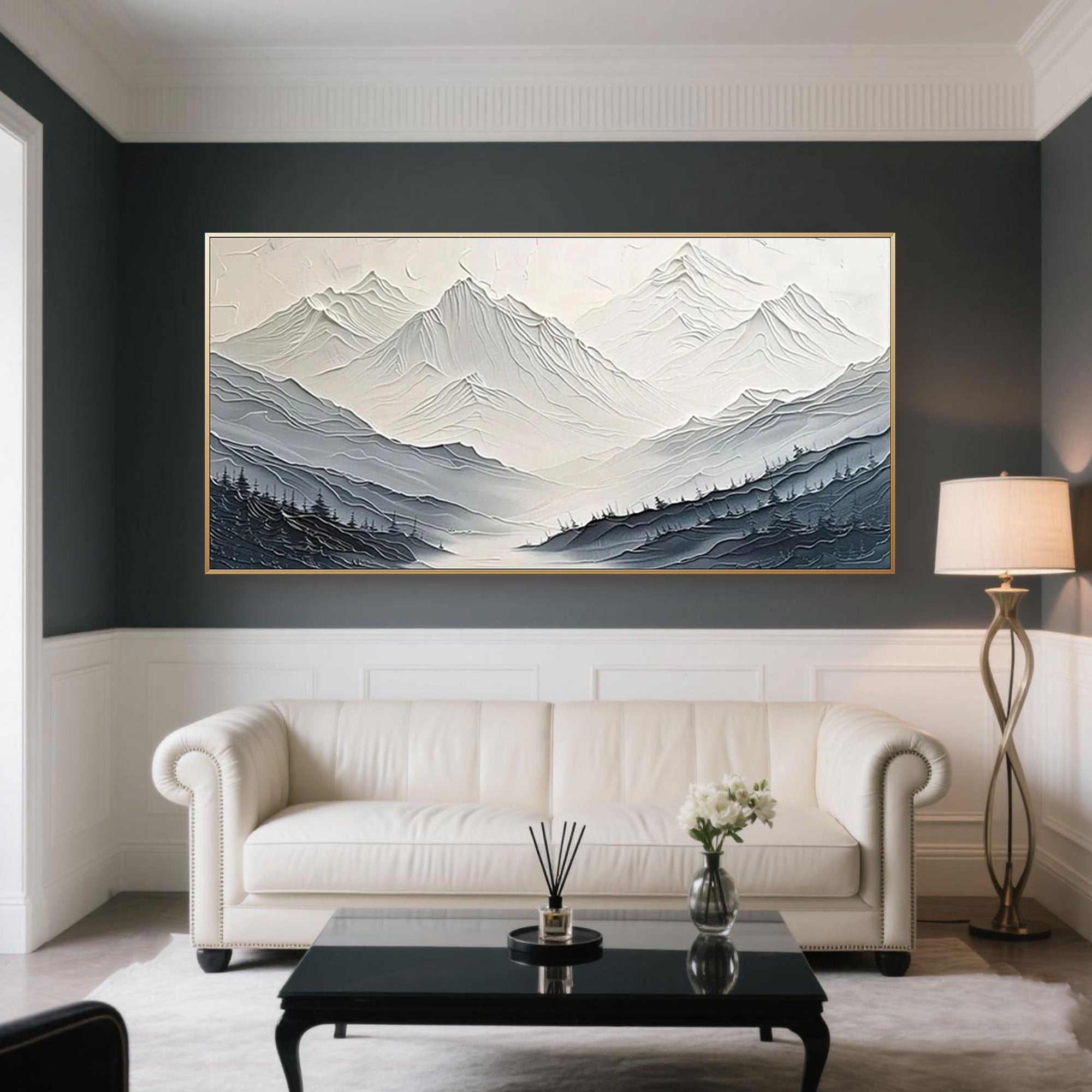 Minimalist mountain landscape canvas art in white, blue, and beige.