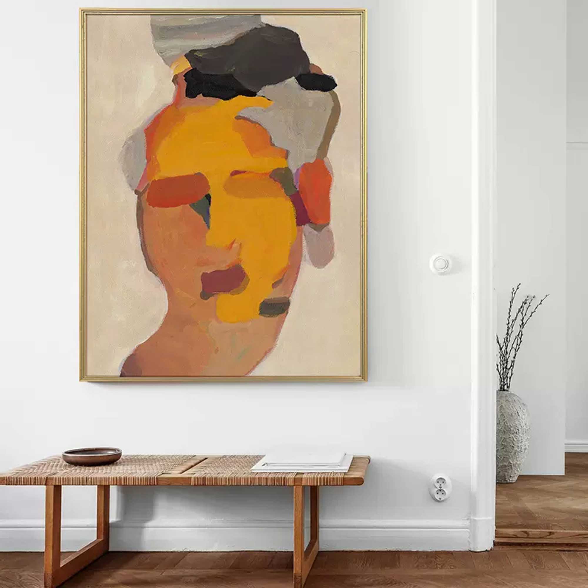 Minimalist People Art #AB022 framed canvas in modern hallway.