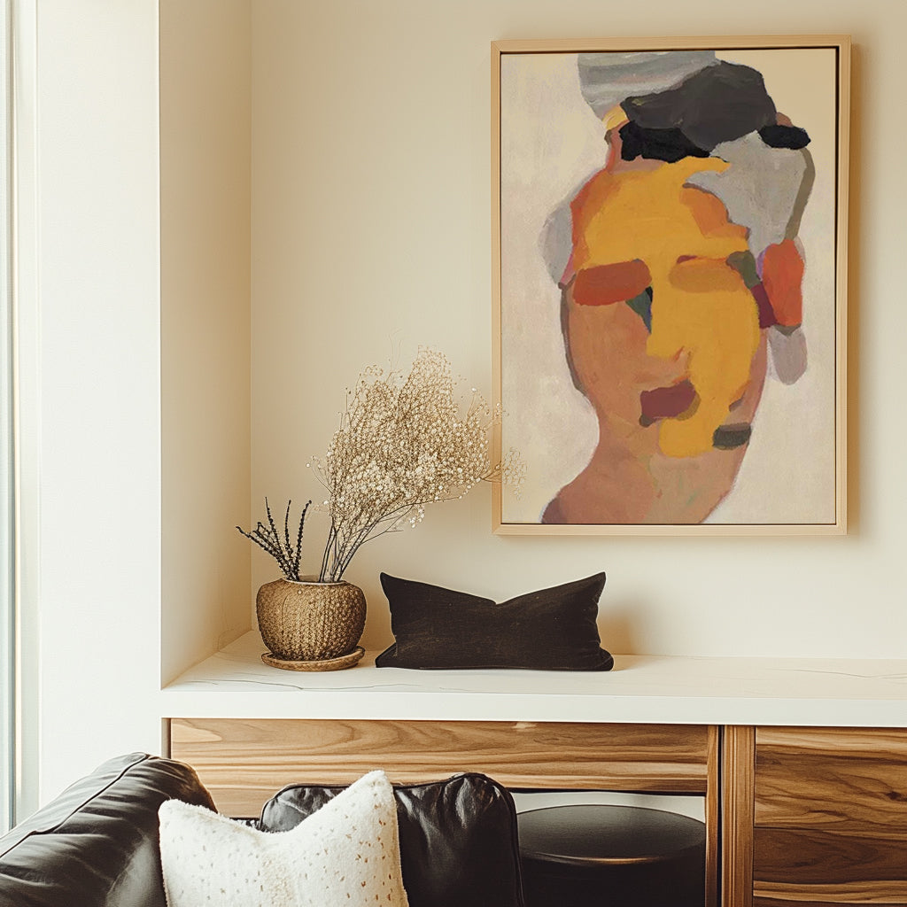 Framed Minimalist People Art #AB022 on wall with potted plant decor.