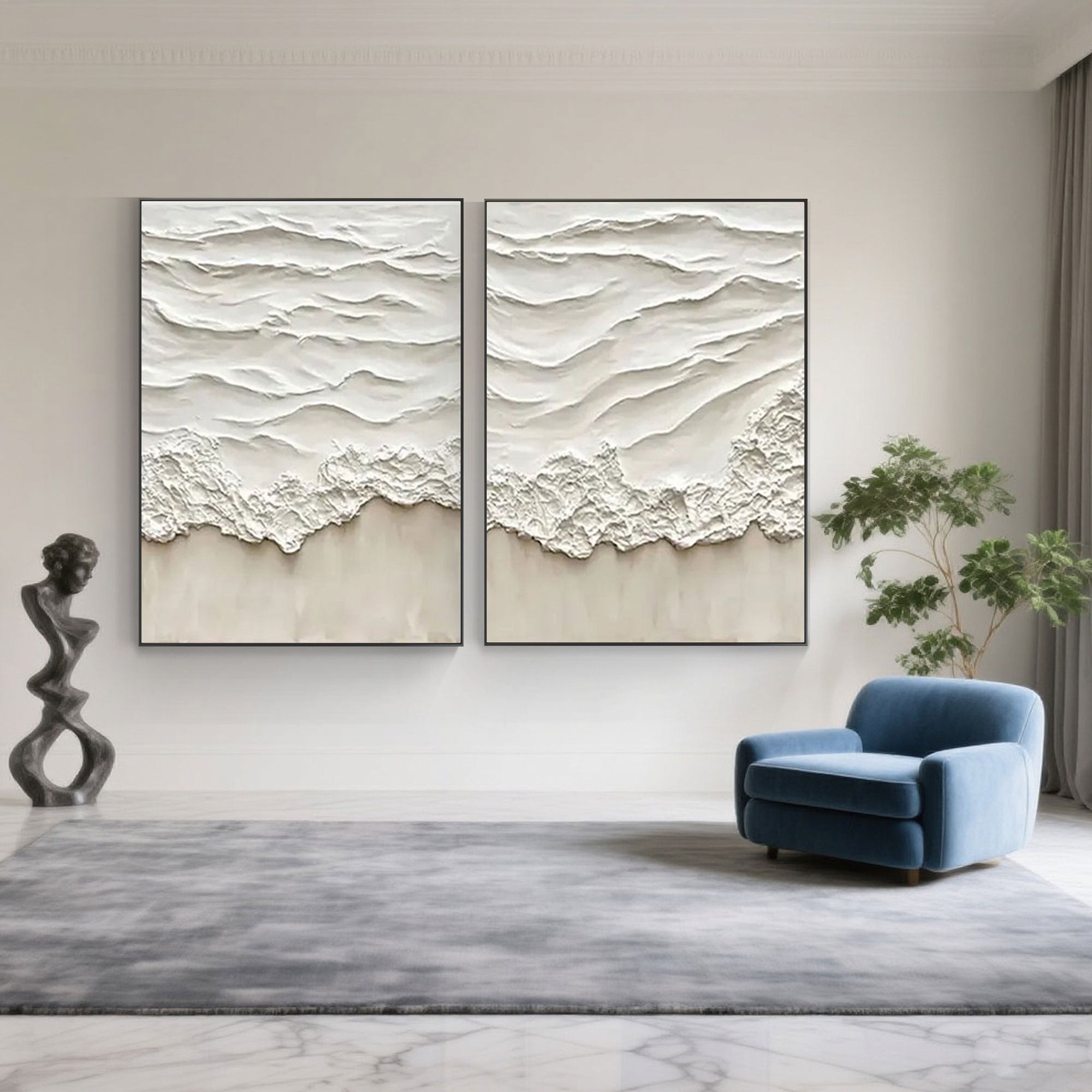 Minimalist seascape art with black frames in a modern living space.
