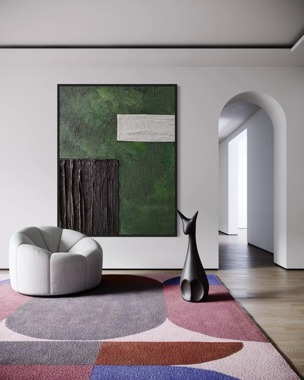 Minimalist textured wall art with green, black, and white geometric shapes on a vertical canvas, Modern Geometric Abstract Canvas Art with Green Black White Textures