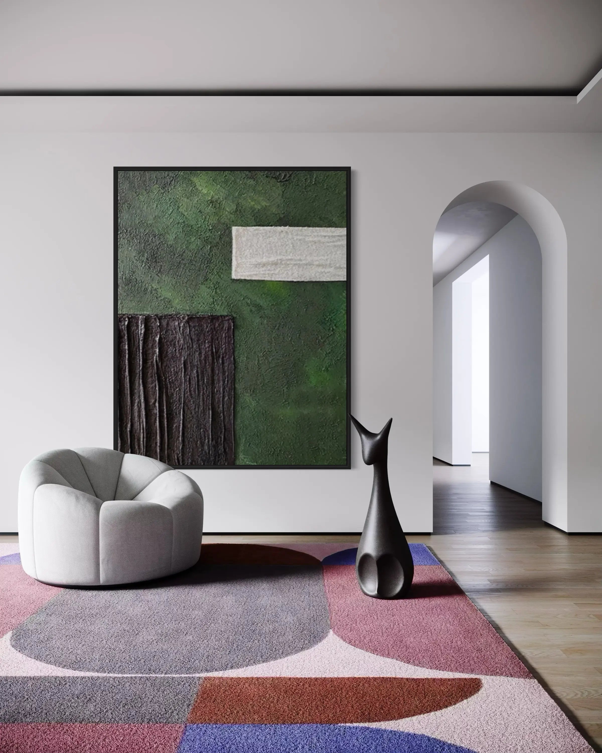 Minimalist textured wall art with green, black, and white geometric shapes on a vertical canvas, Modern Geometric Abstract Canvas Art with Green Black White Textures