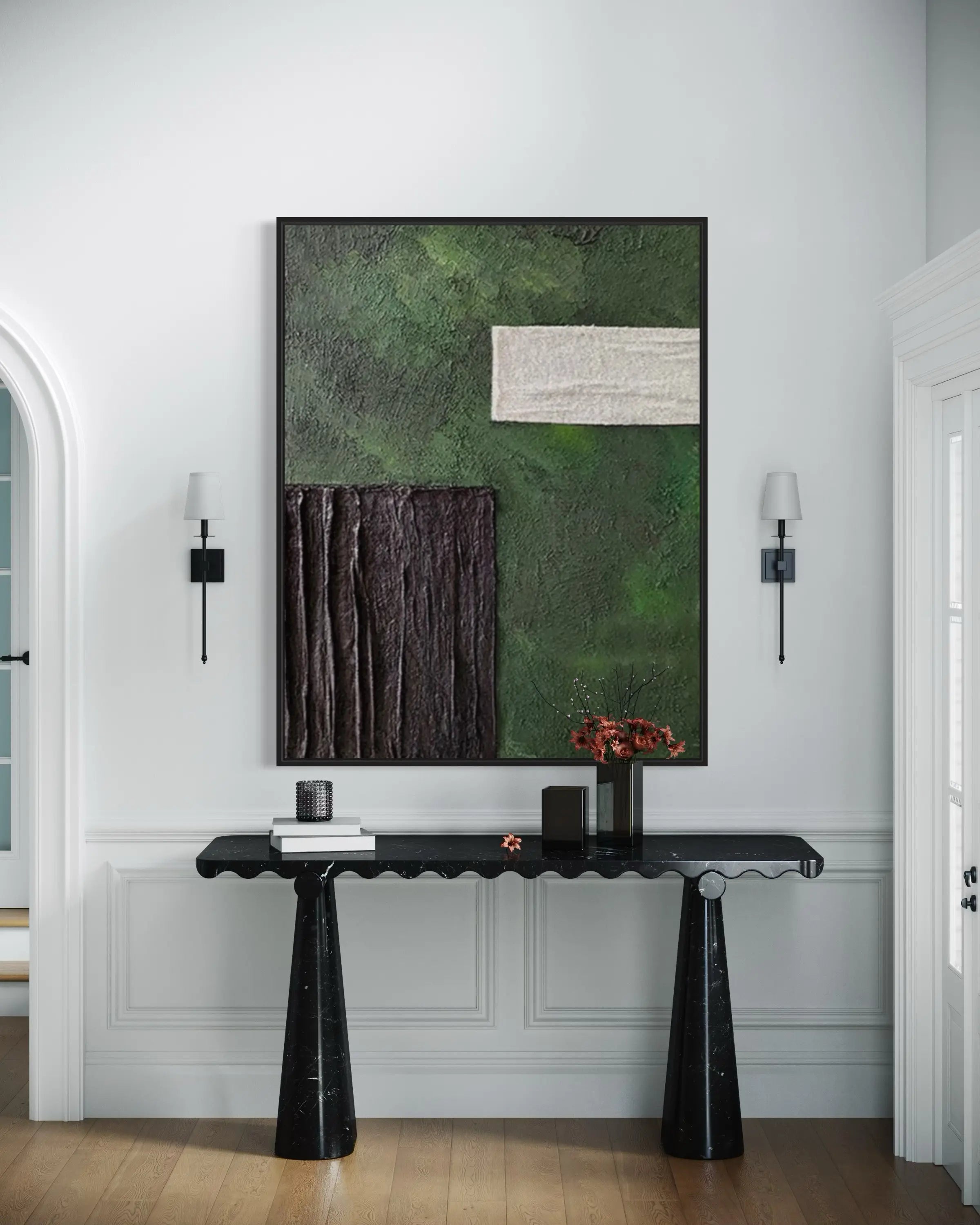 Minimalist textured wall art with green, black, and white geometric shapes on a vertical canvas, Modern Geometric Abstract Canvas Art with Green Black White Textures