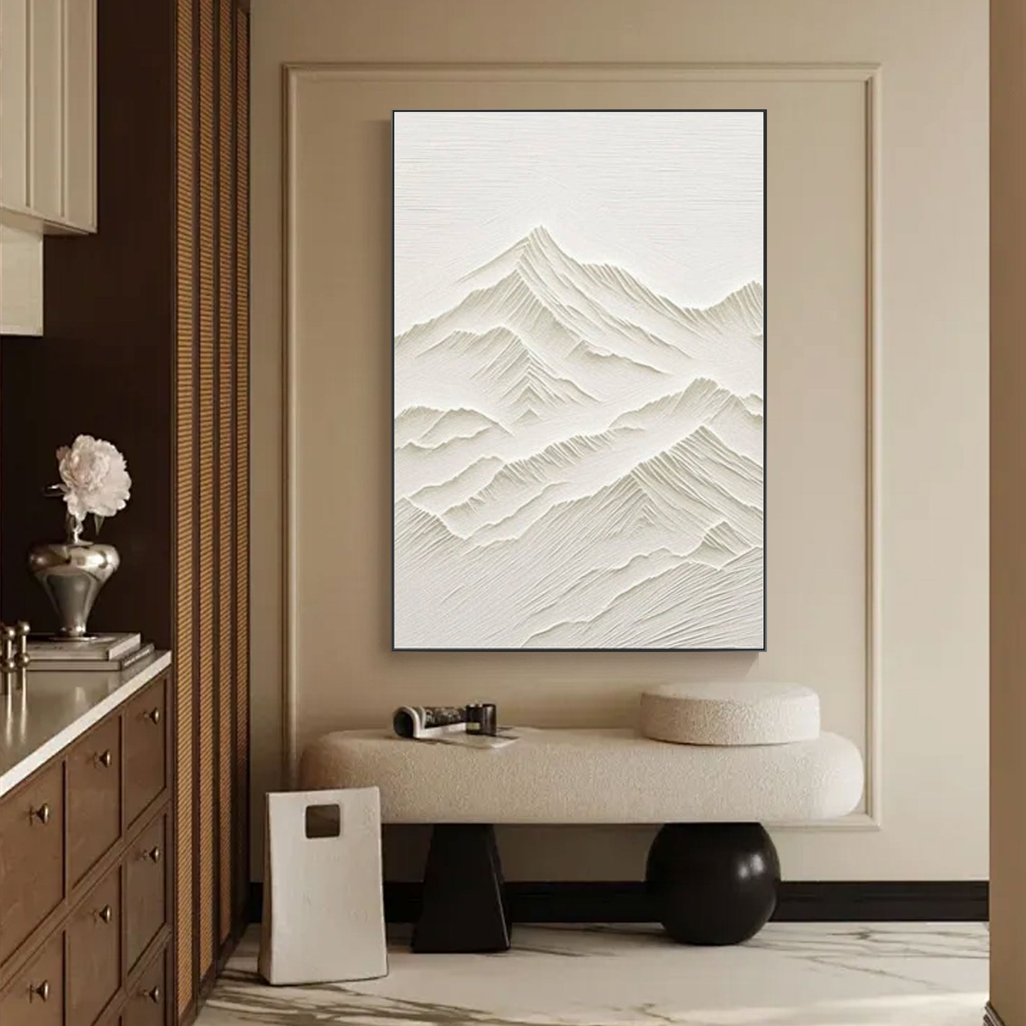 Neutral textured mountain wall art in a modern interior.