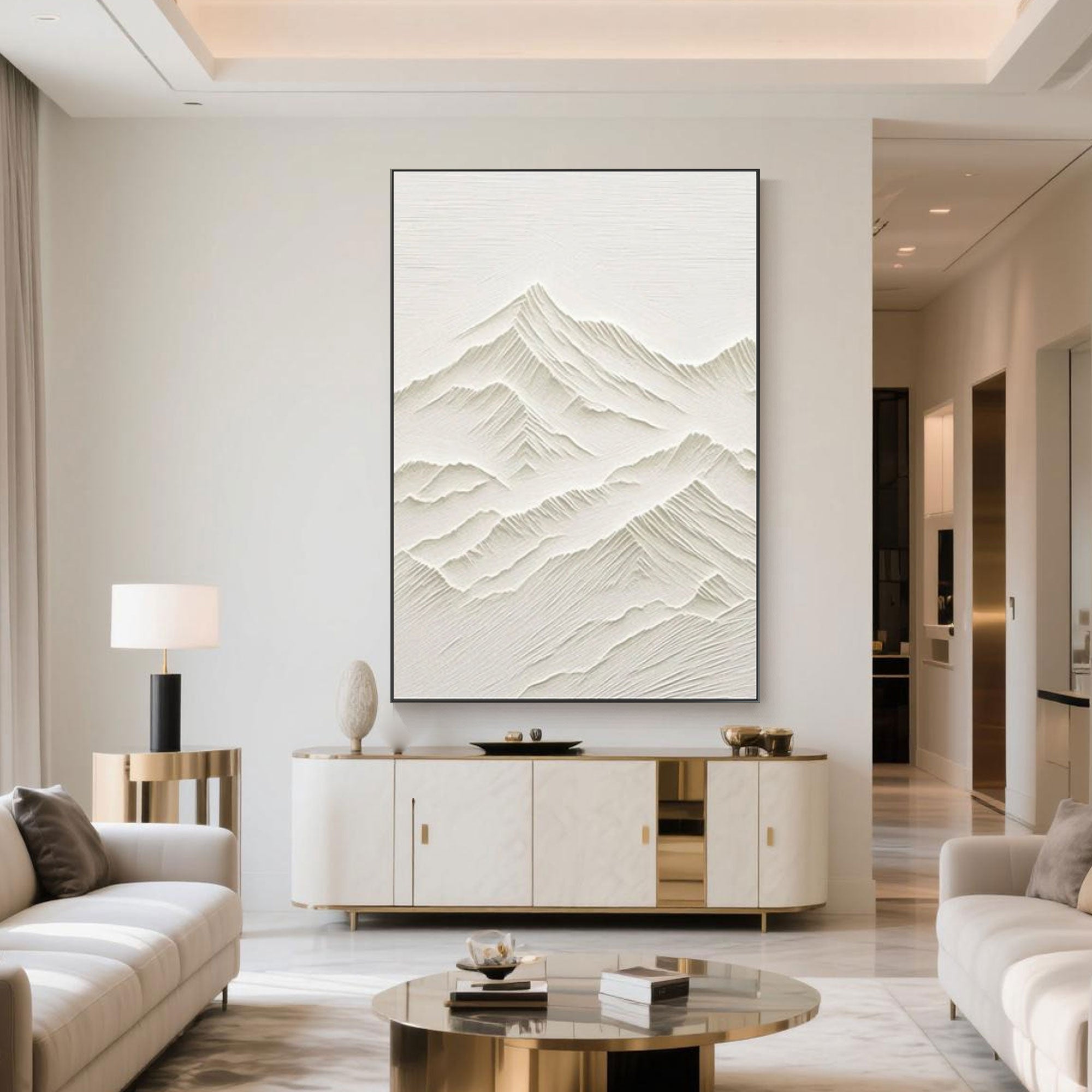 Neutral textured mountain wall art in a modern interior.