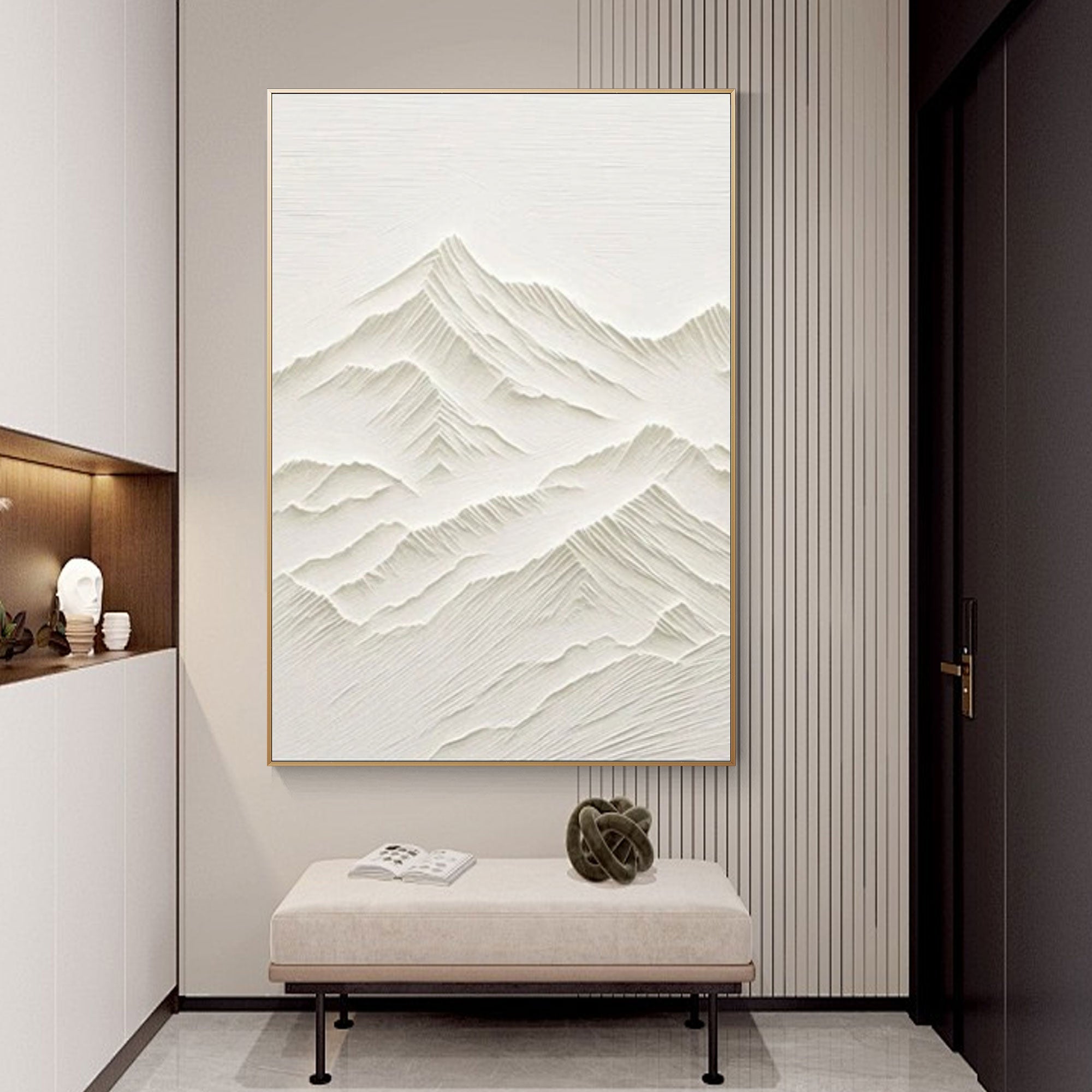 Neutral textured mountain wall art in a modern interior.