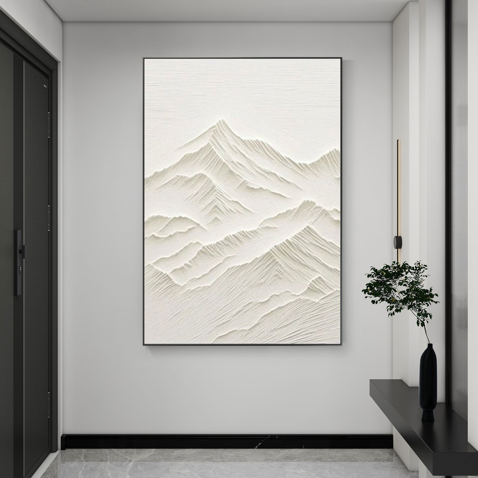 Neutral textured mountain wall art in a modern interior.
