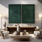 Hand-painted green Wabi Sabi art displayed in a modern kitchen setting, with minimalist design elements.