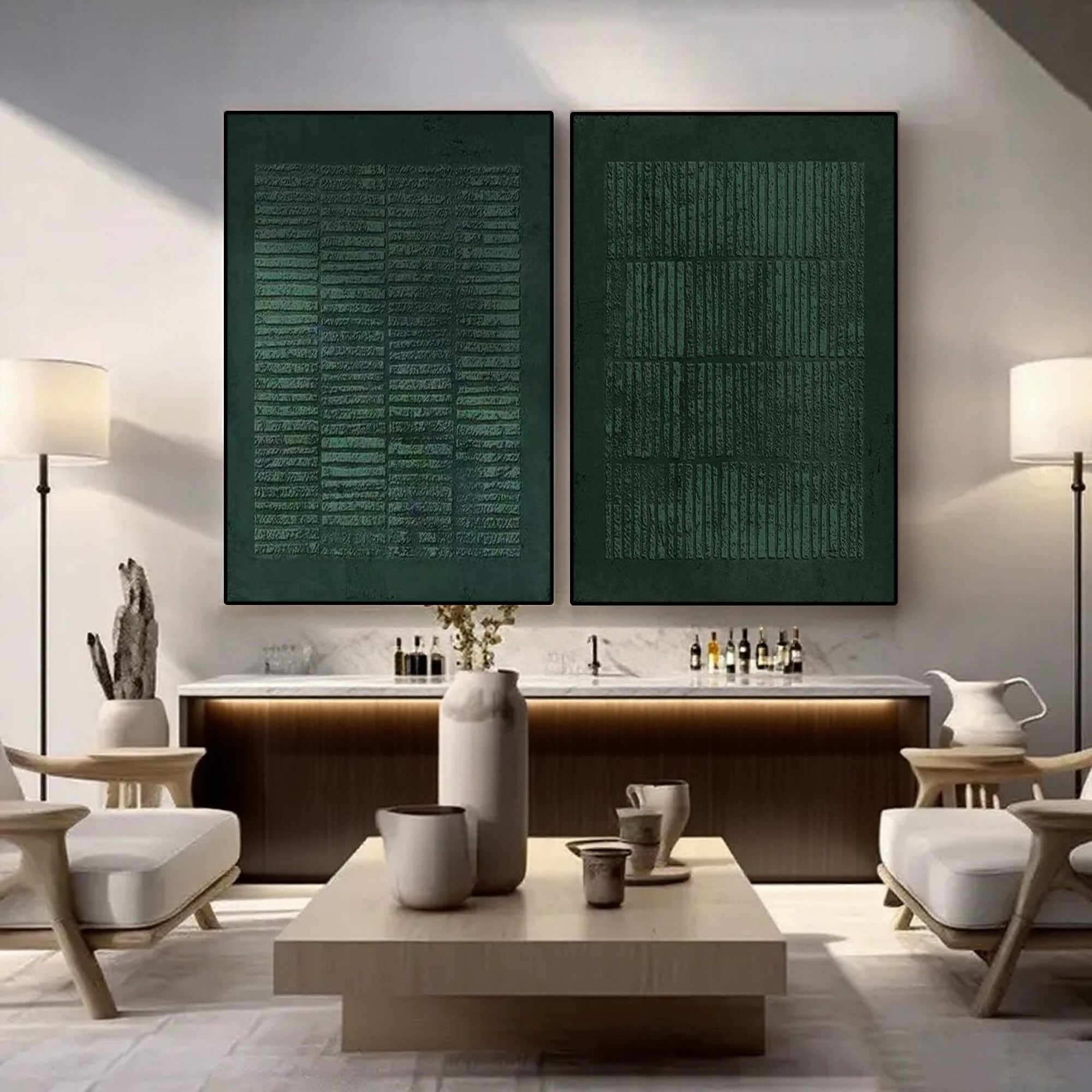 Hand-painted green Wabi Sabi art displayed in a modern kitchen setting, with minimalist design elements.