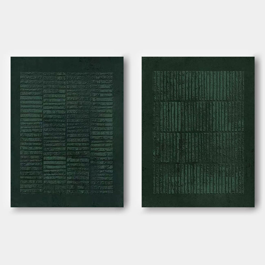 Two-panel minimalist Wabi Sabi canvas art featuring layered green textures and subtle variations.