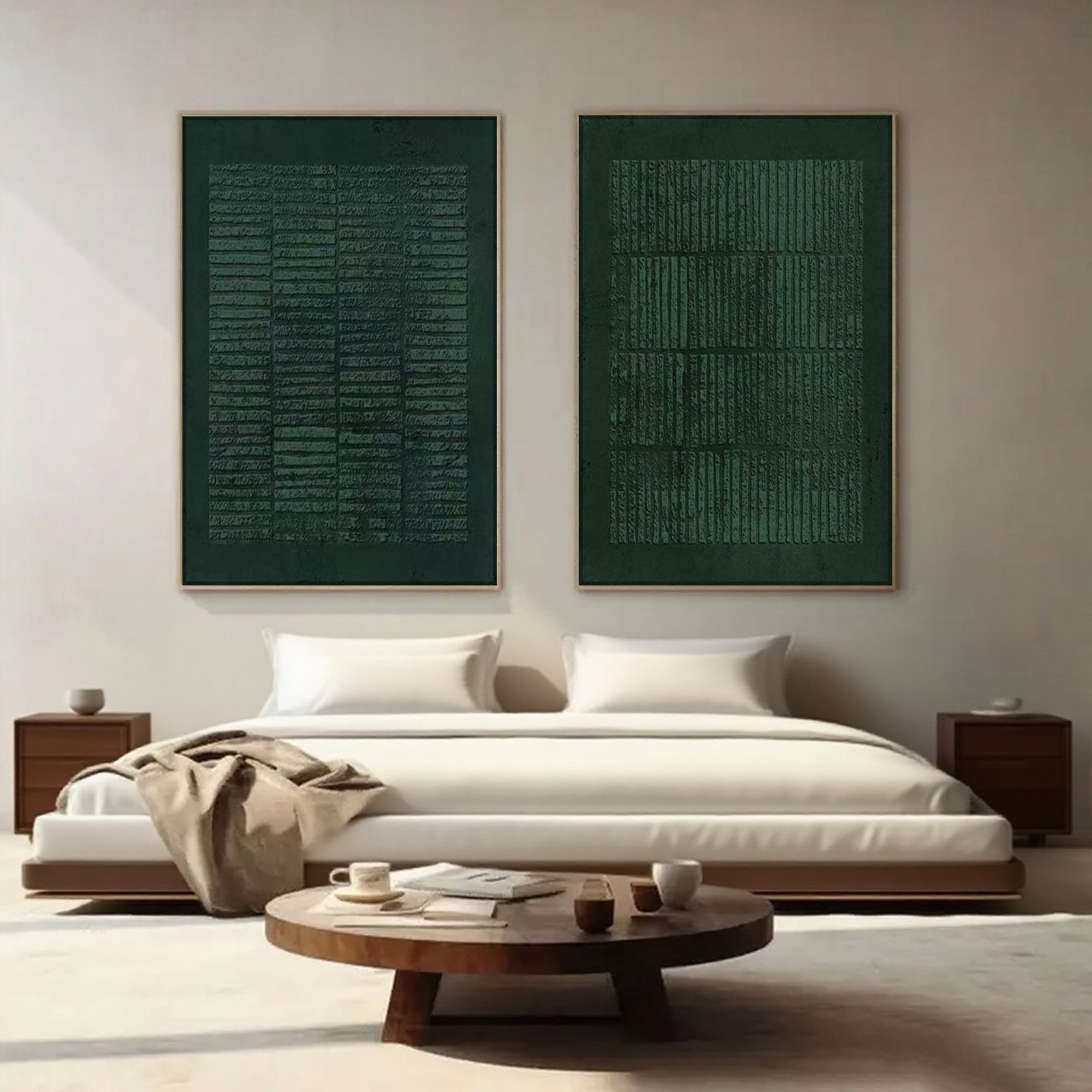 Wabi Sabi canvas art in a bedroom, showcasing framed green art above a bed with minimalist decor.