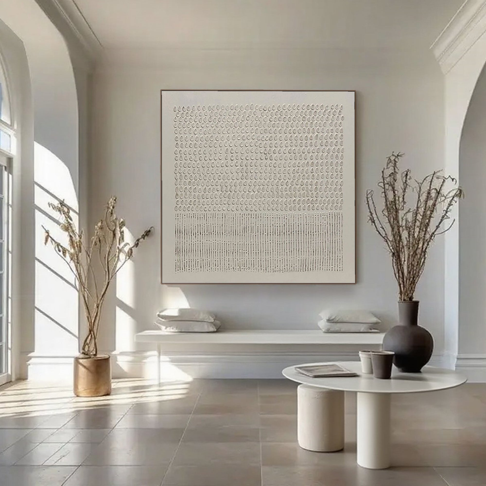Beige Wabi Sabi canvas art displayed in minimalist living room setting.