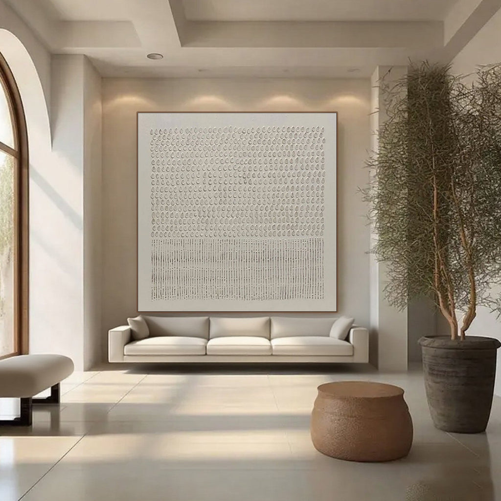 Wabi Sabi 'Silent Marks' canvas art in bright, modern interior.