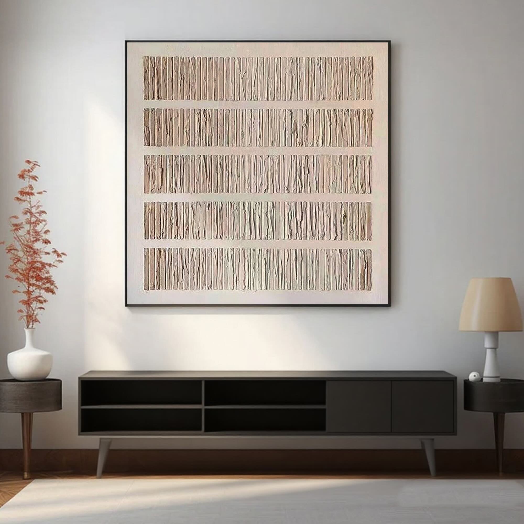 Beige and white Wabi Sabi wall art featuring vertical strokes