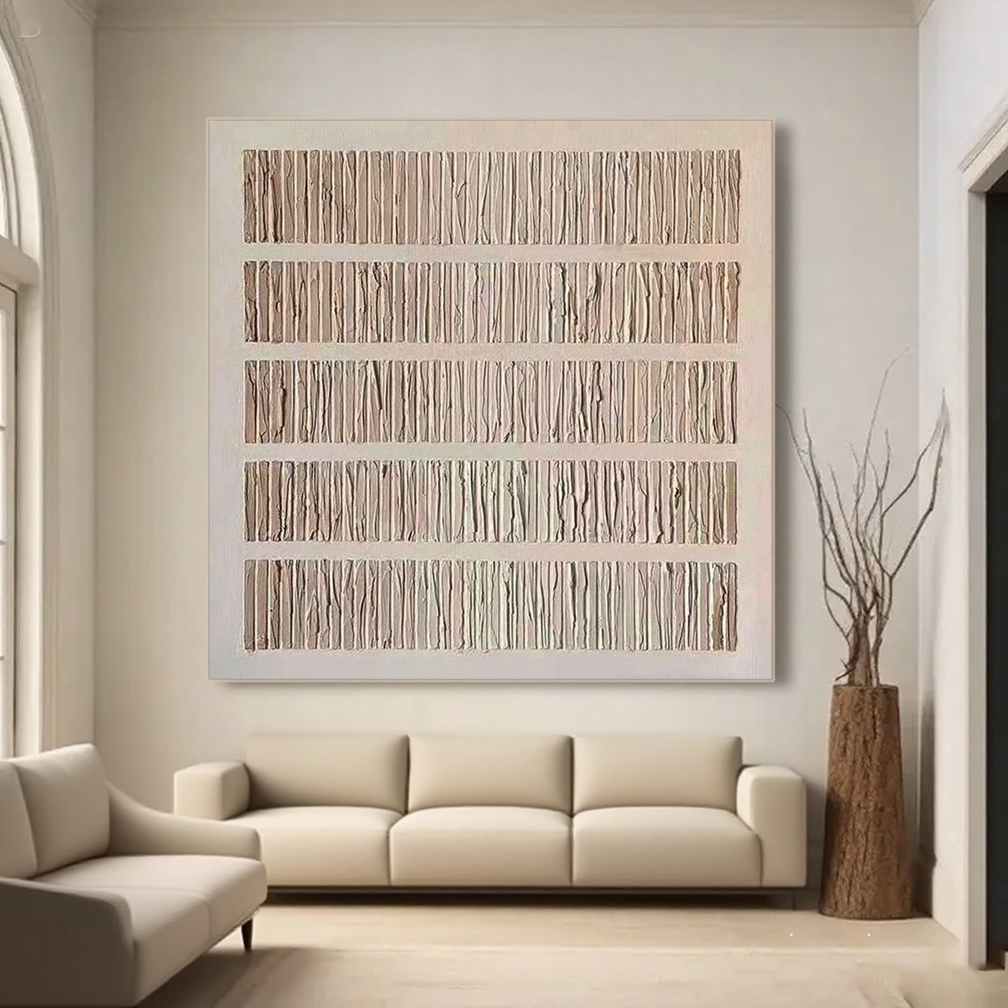 Wabi Sabi vertical strokes art in a living room set.