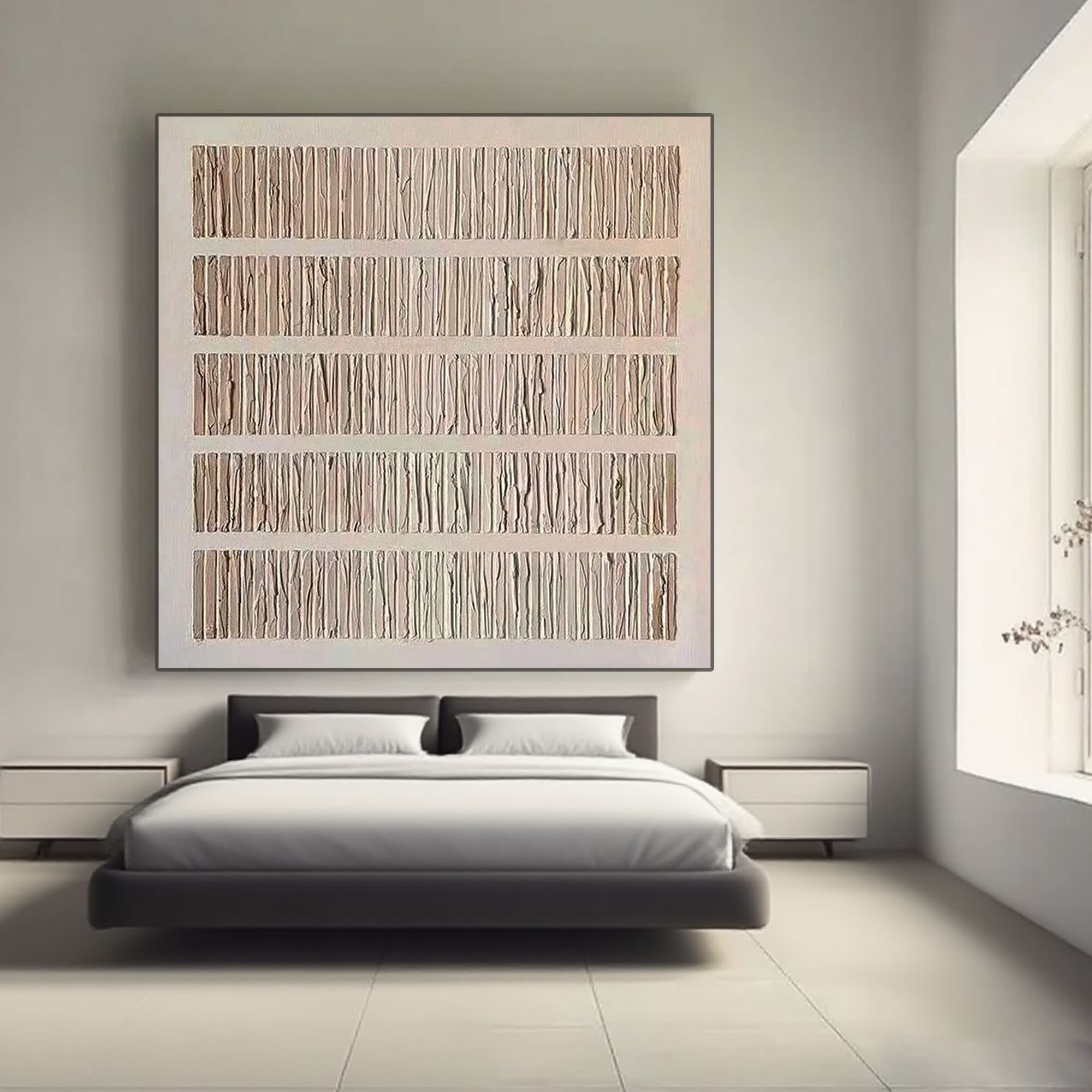 Beige Wabi Sabi art with vertical strokes in a bedroom setting.