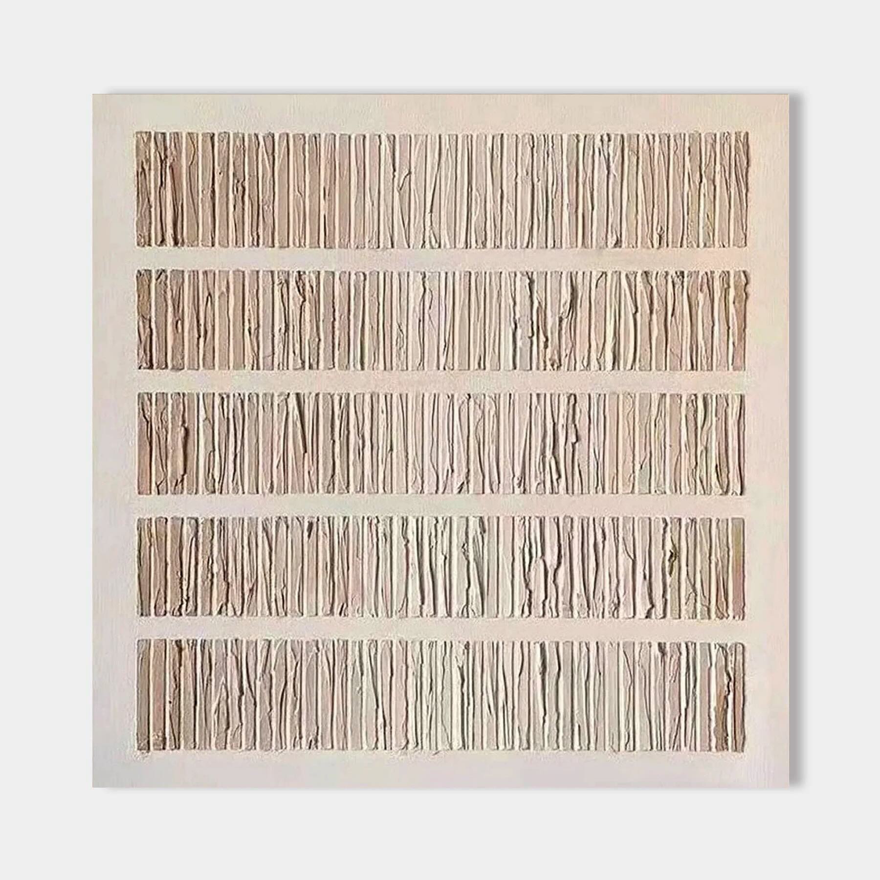 Textured beige and white minimalist Wabi Sabi wall art featuring vertical strokes.