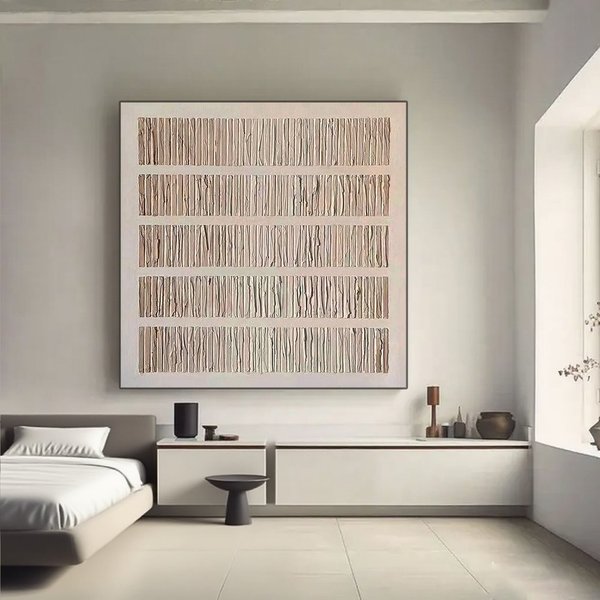Minimalist Wabi Sabi 'Grain' art above a console table in a modern bedroom.