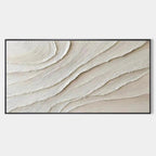 Minimalist abstract wall art featuring wave-like 3D texture in white and beige, hand-painted on canvas with eco-friendly acrylics.
