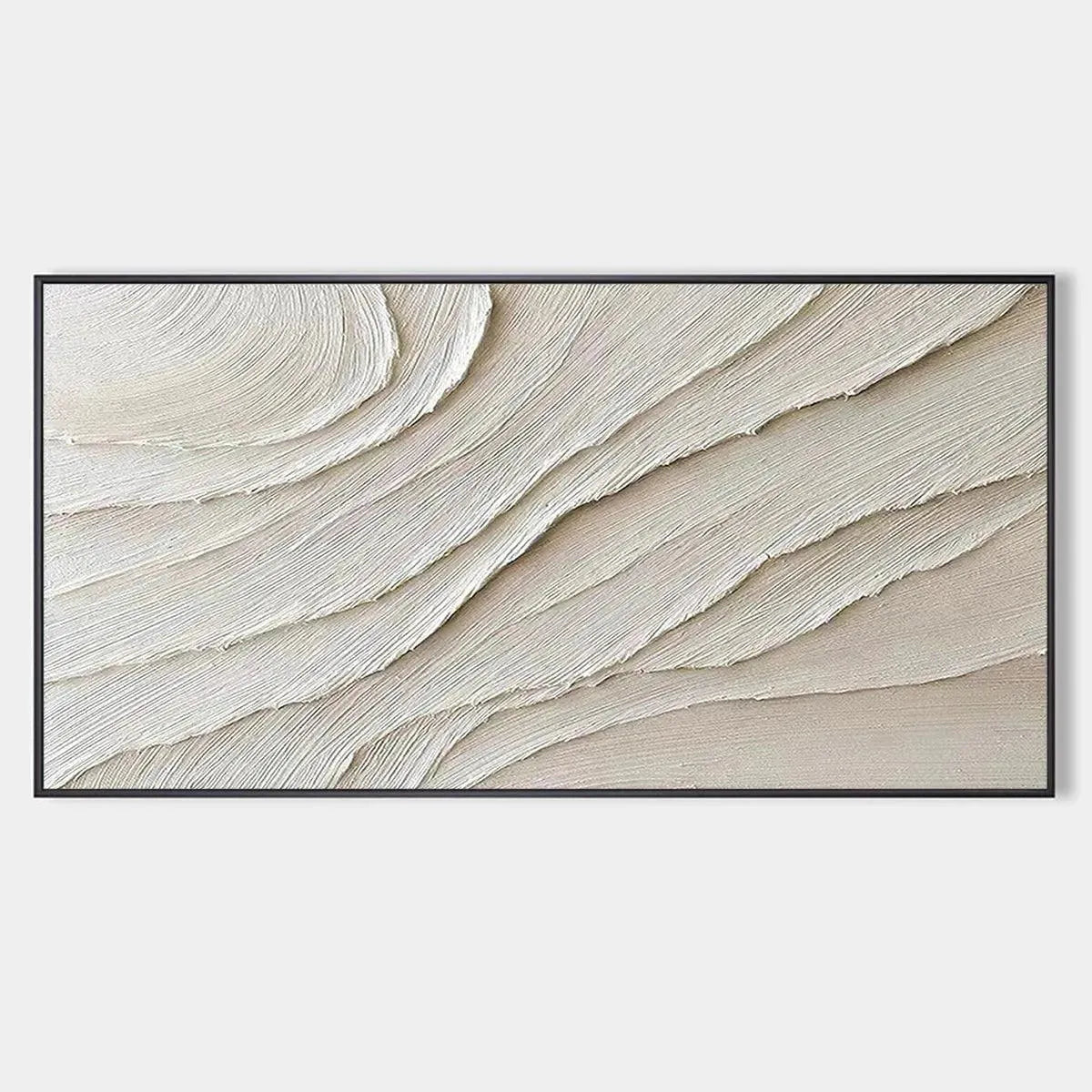 Minimalist abstract wall art featuring wave-like 3D texture in white and beige, hand-painted on canvas with eco-friendly acrylics.