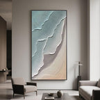 Stylish modern lounge area displaying vertical ocean-themed abstract painting, featuring soothing blue and beige textured waves.
