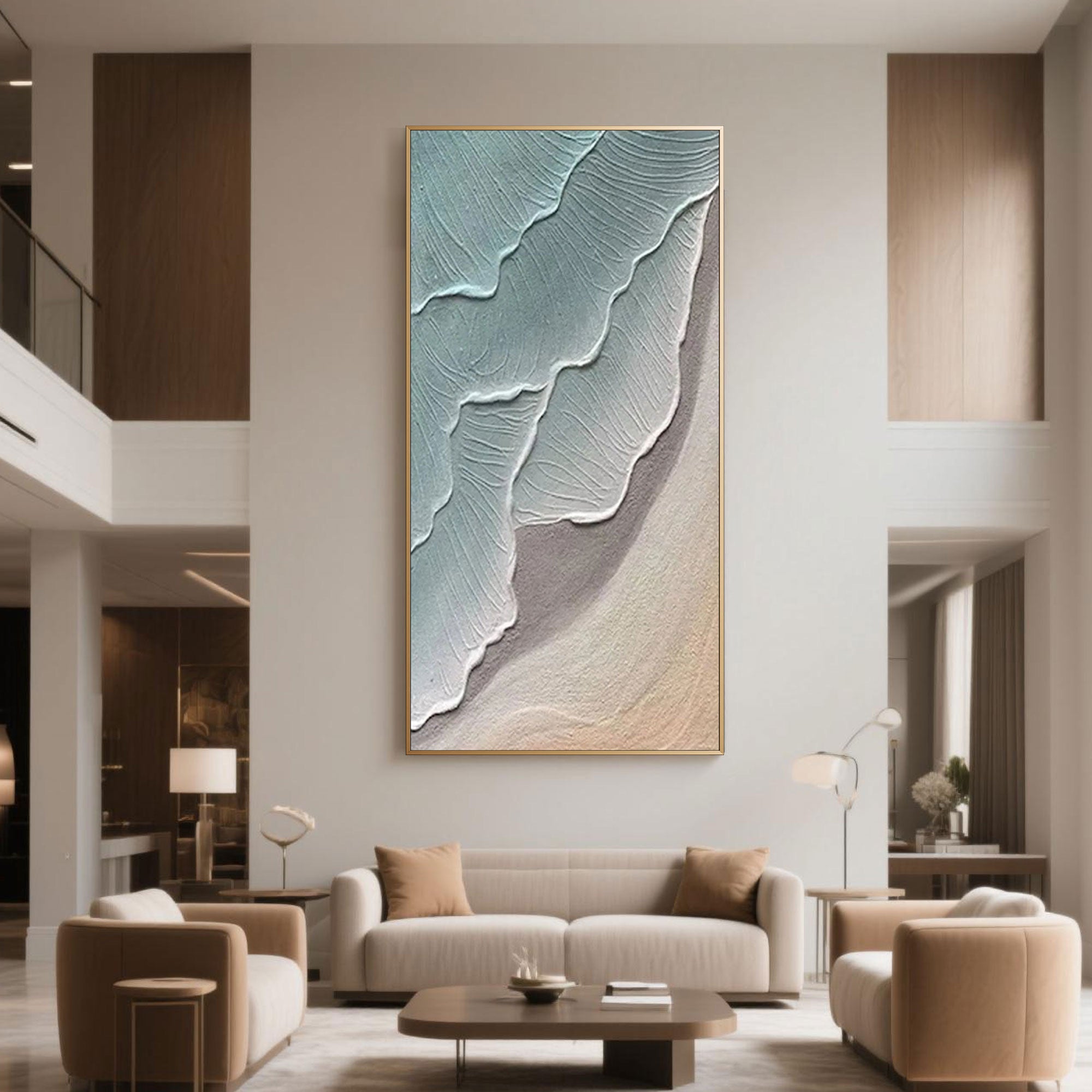 Spacious and refined double-height living area enhanced by large vertical abstract ocean art, characterized by calming blue and beige textures.