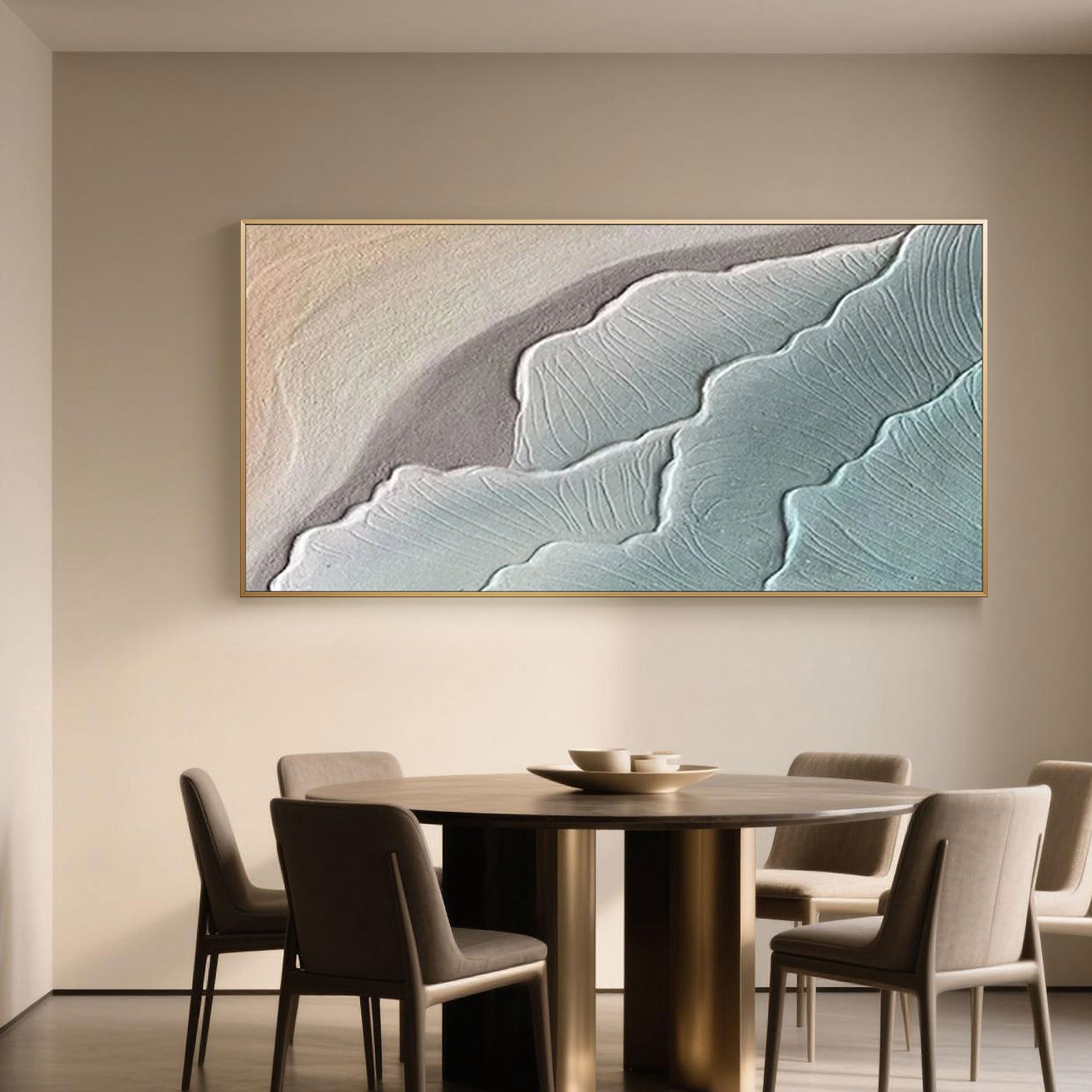 Sophisticated dining space highlighting textured wave-inspired abstract canvas art in calming shades of blue and beige, ideal for modern homes.
