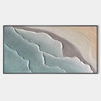 Minimalist ocean-themed abstract wall art with blue and beige wave textures, hand-painted on canvas using eco-friendly materials.
