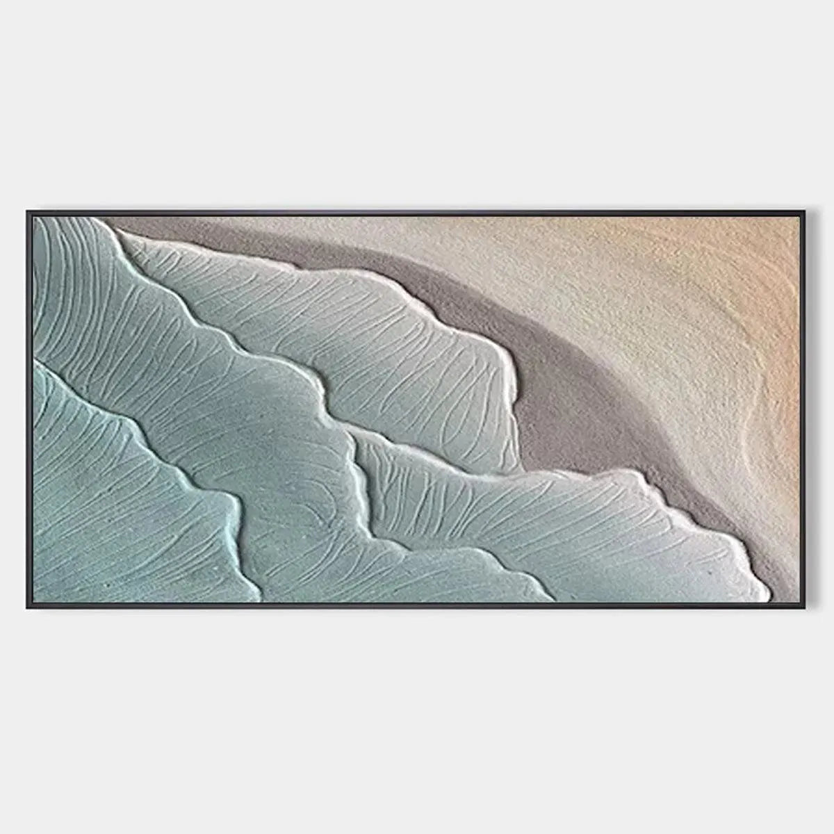 Minimalist ocean-themed abstract wall art with blue and beige wave textures, hand-painted on canvas using eco-friendly materials.