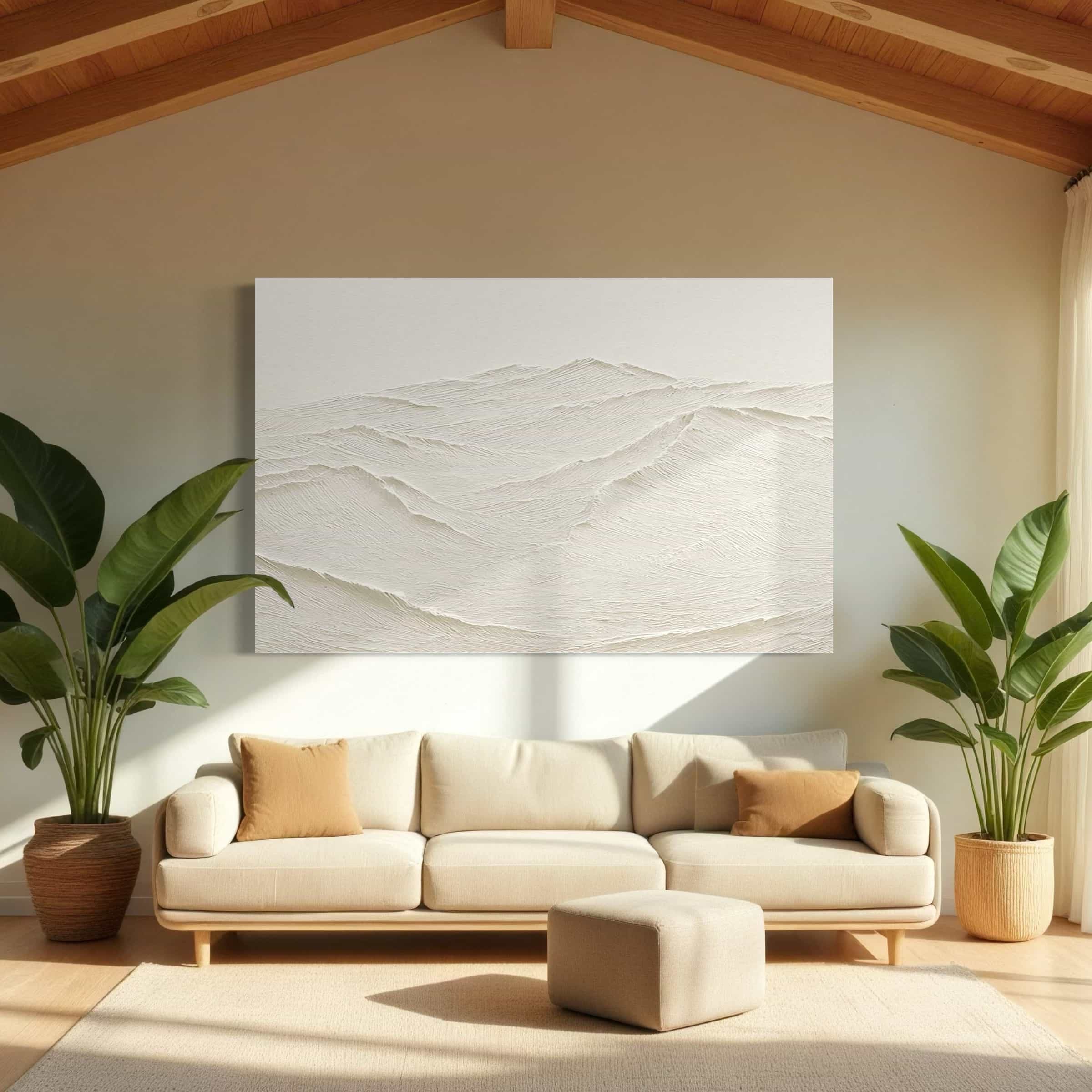 Modern living room with large abstract wall art, paired with [颜色] fabric sofa and round wooden coffee table, enhanced by potted greenery in corner