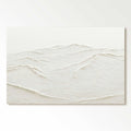 Minimalist white textured abstract painting resembling sand dunes or snow ridges, with soft undulating lines and subtle tonal