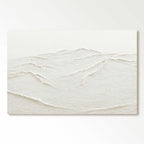 Minimalist white textured abstract painting resembling sand dunes or snow ridges, with soft undulating lines and subtle tonal variations, evoking serenity and vastness on neutral background