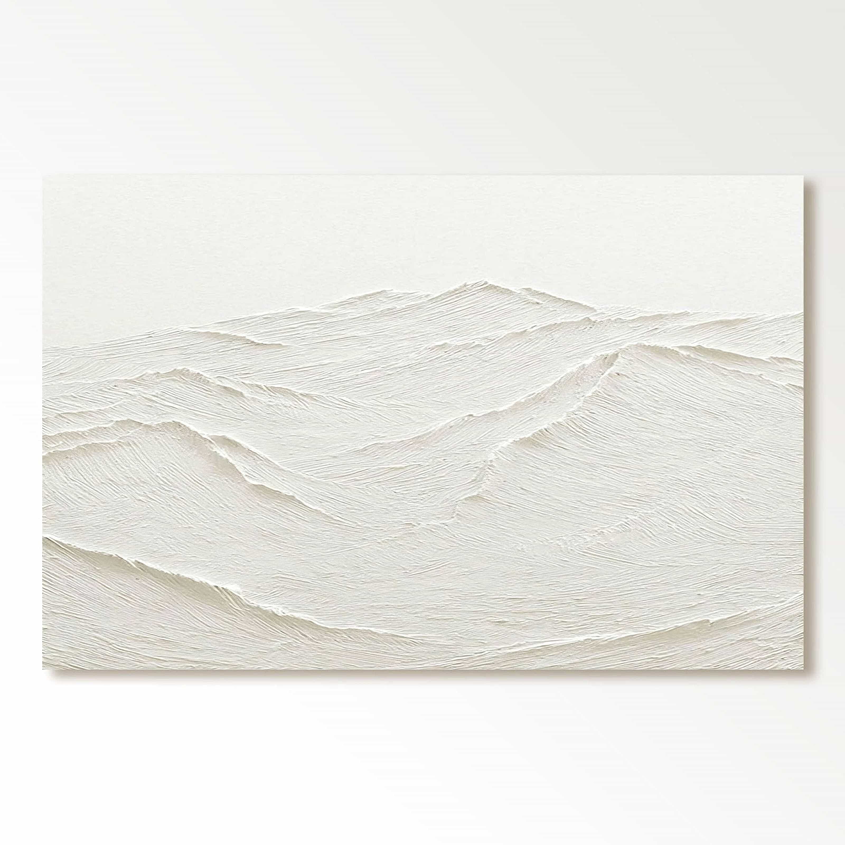 Minimalist white textured abstract painting resembling sand dunes or snow ridges, with soft undulating lines and subtle tonal variations, evoking serenity and vastness on neutral background