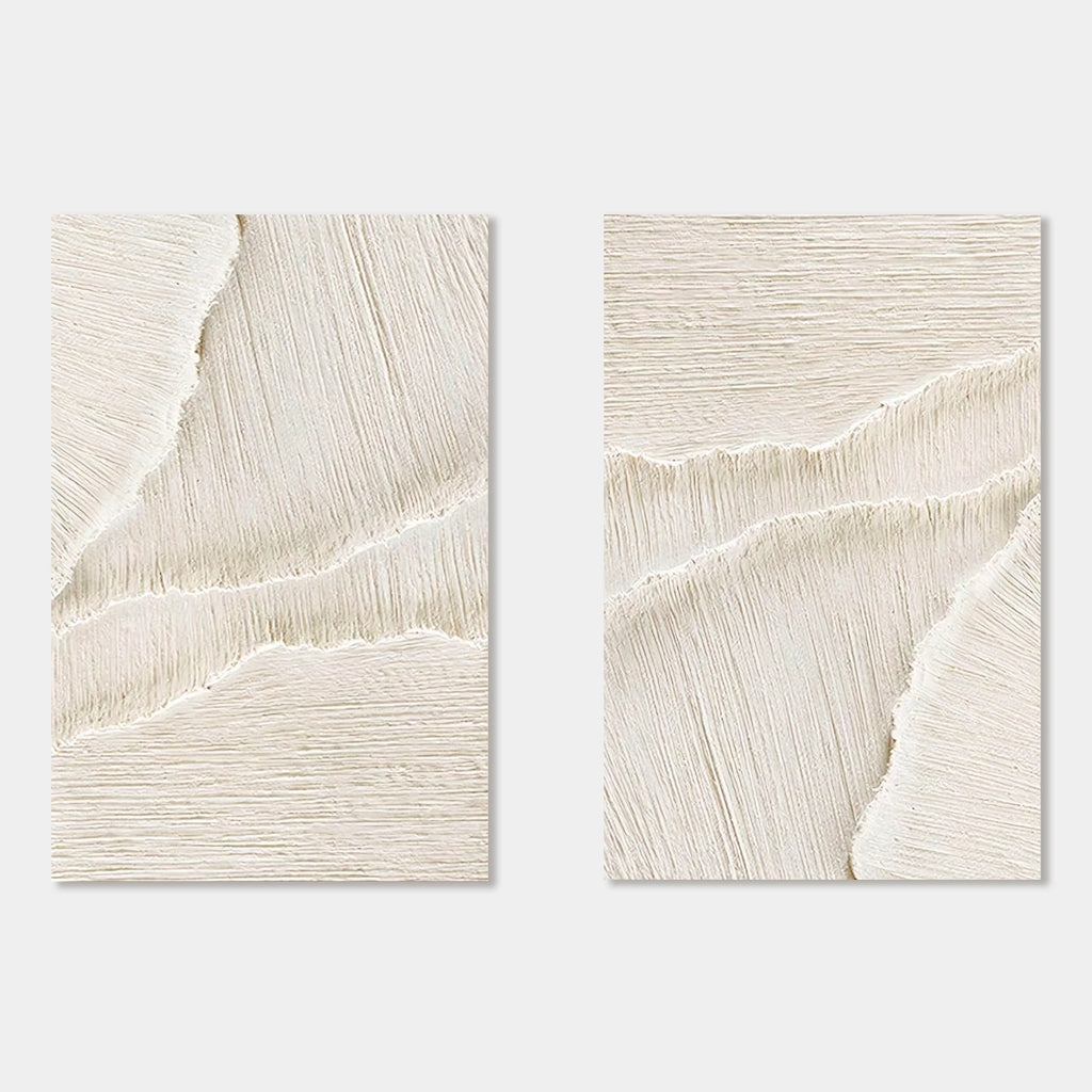 Silent Surf: Textured beige 3D wall art, minimalist abstract set of two canvas paintings.