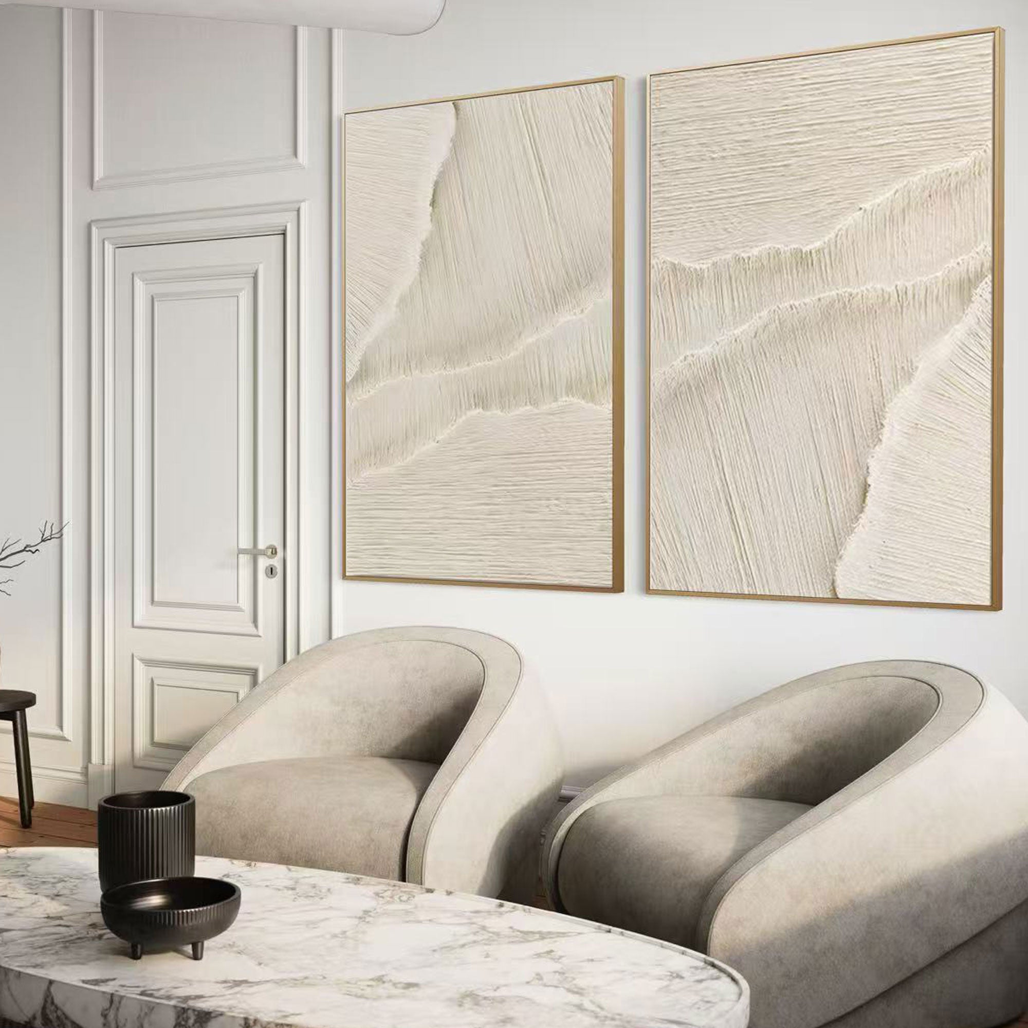 Beige textured Silent Surf abstract art complementing minimalist decor in a modern space.
