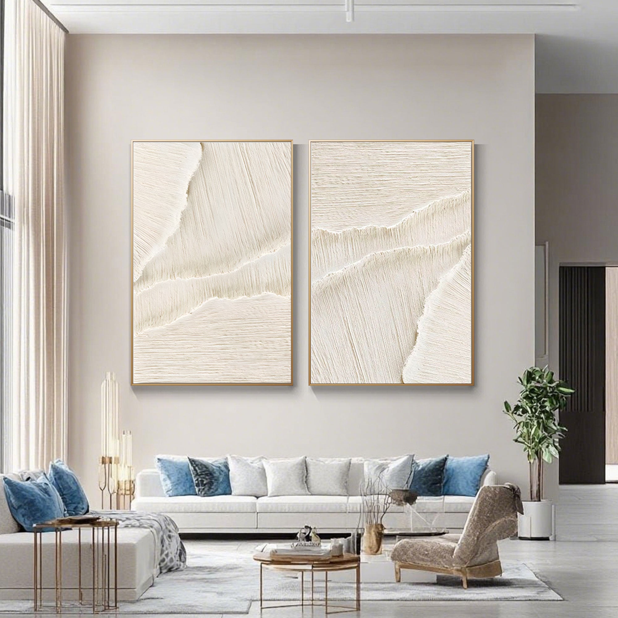 Beige Silent Surf art set in a living room. Minimalist texture, gold frames, calming ocean vibe.