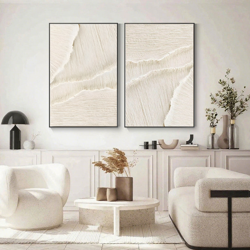Gallery view: Beige Silent Surf art with black frames enhances modern decor.