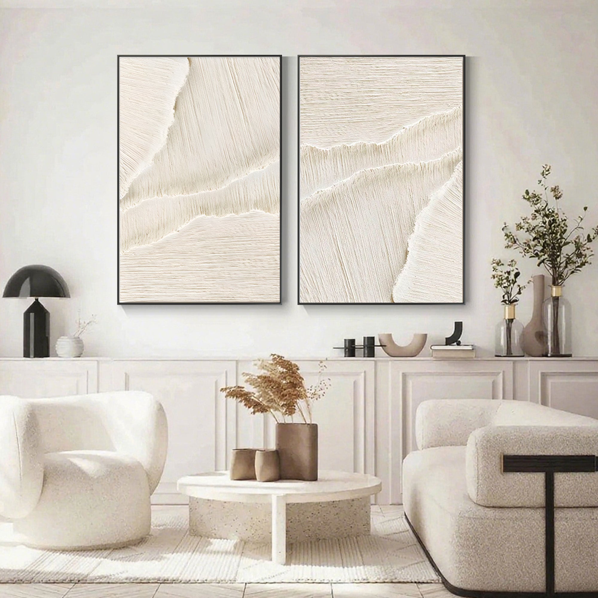 Gallery view: Beige Silent Surf art with black frames enhances modern decor.