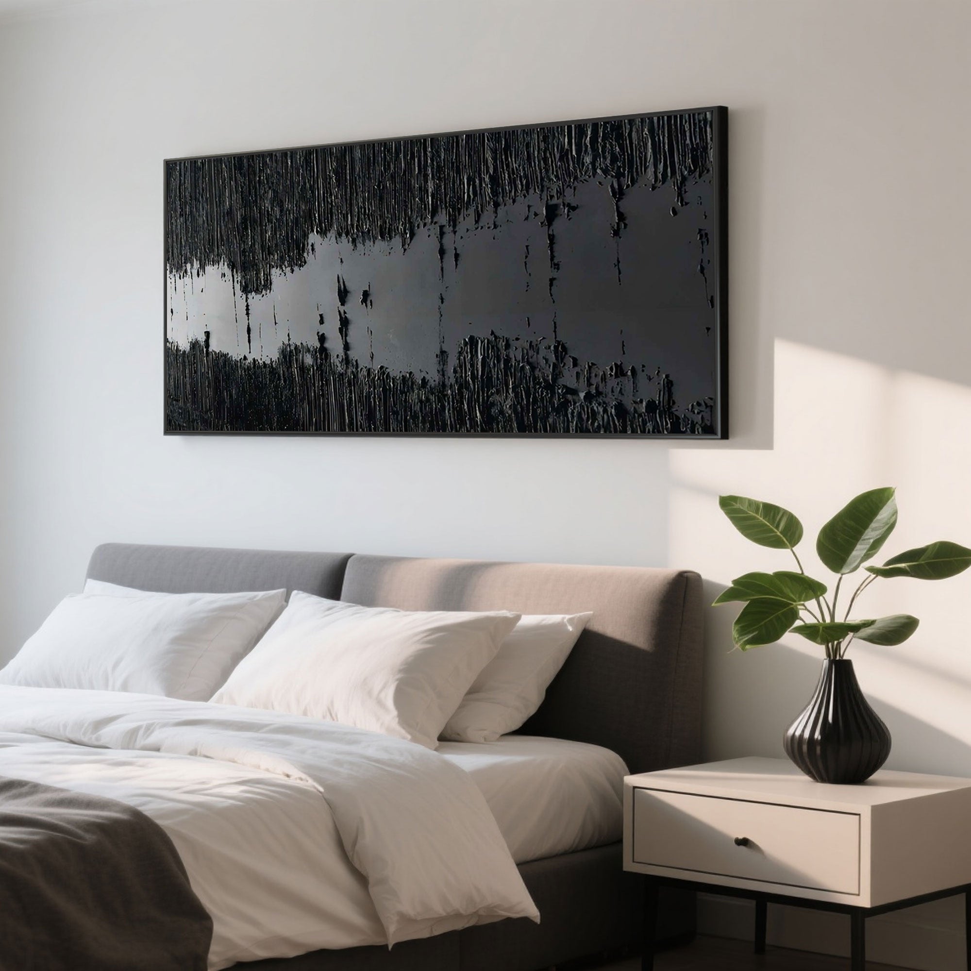 Close-up of the textured details in the black 'Silence' art.