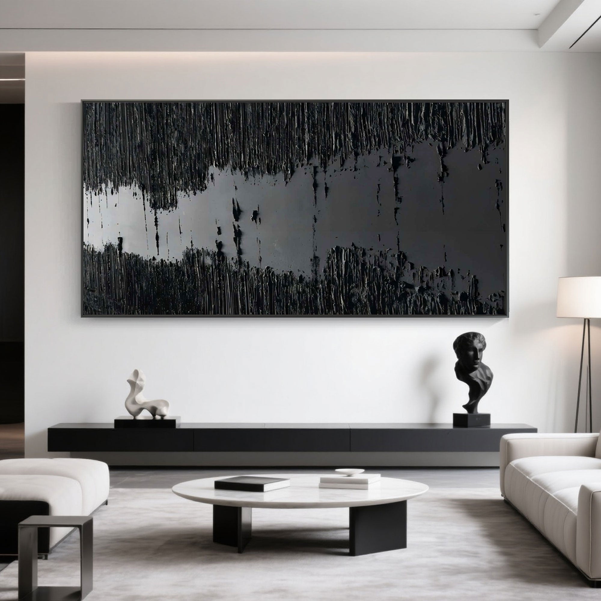 Contemporary living room featuring minimalist black 'Silence' art.